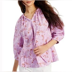 Alfani Floral Print Cotton Balloon Sleeve Tie Neck Top Purple Size XXL - NWT